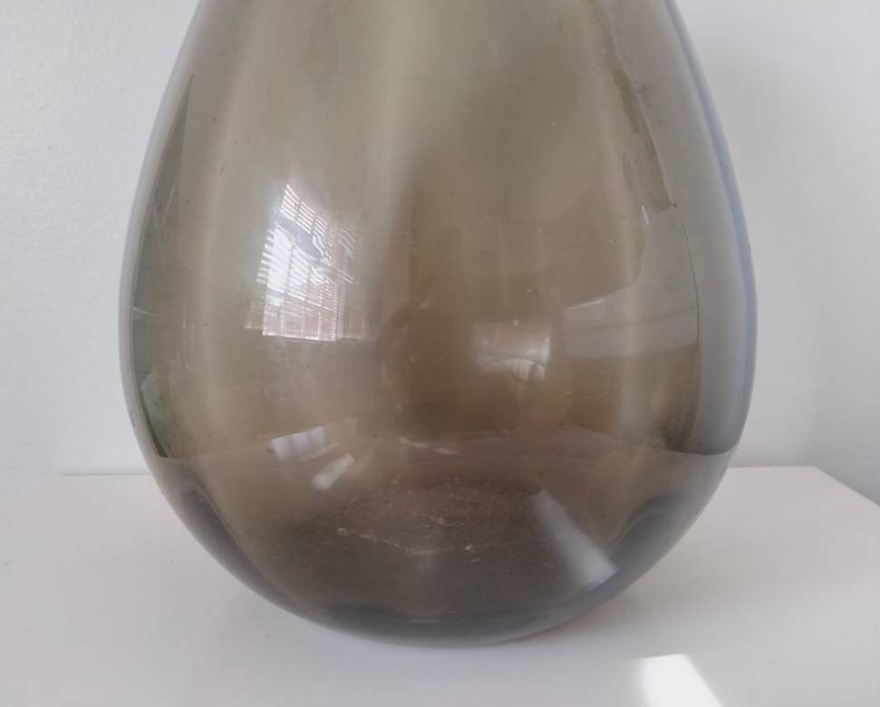 Large Czech Sklo mid century pewter grey ribbed glass fishbowl vase