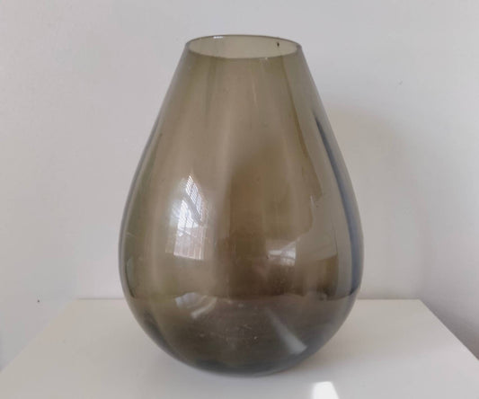Large Czech Sklo mid century pewter grey ribbed glass fishbowl vase
