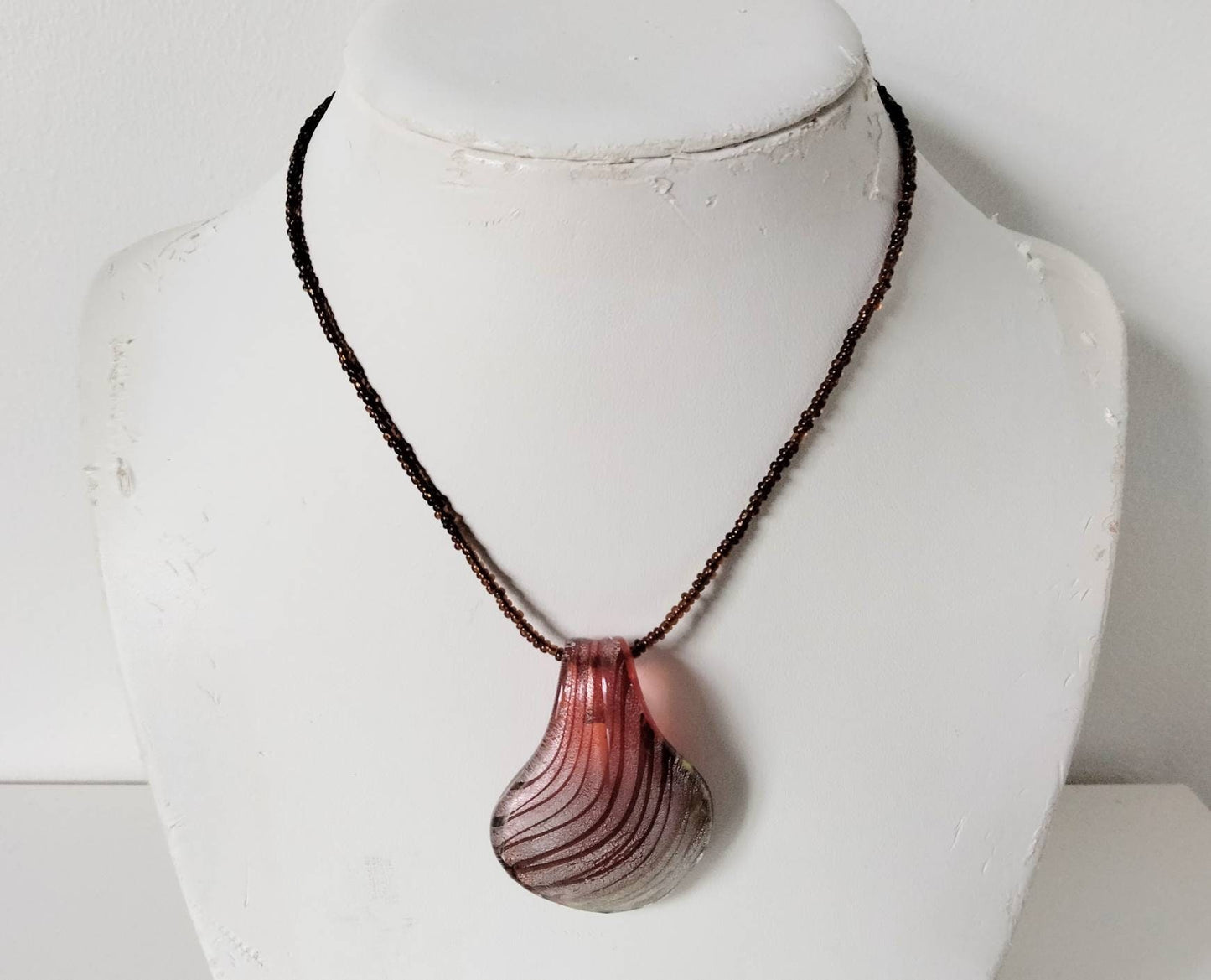 Hand made red and silver dichroic glass pendant necklace on brown bead chain