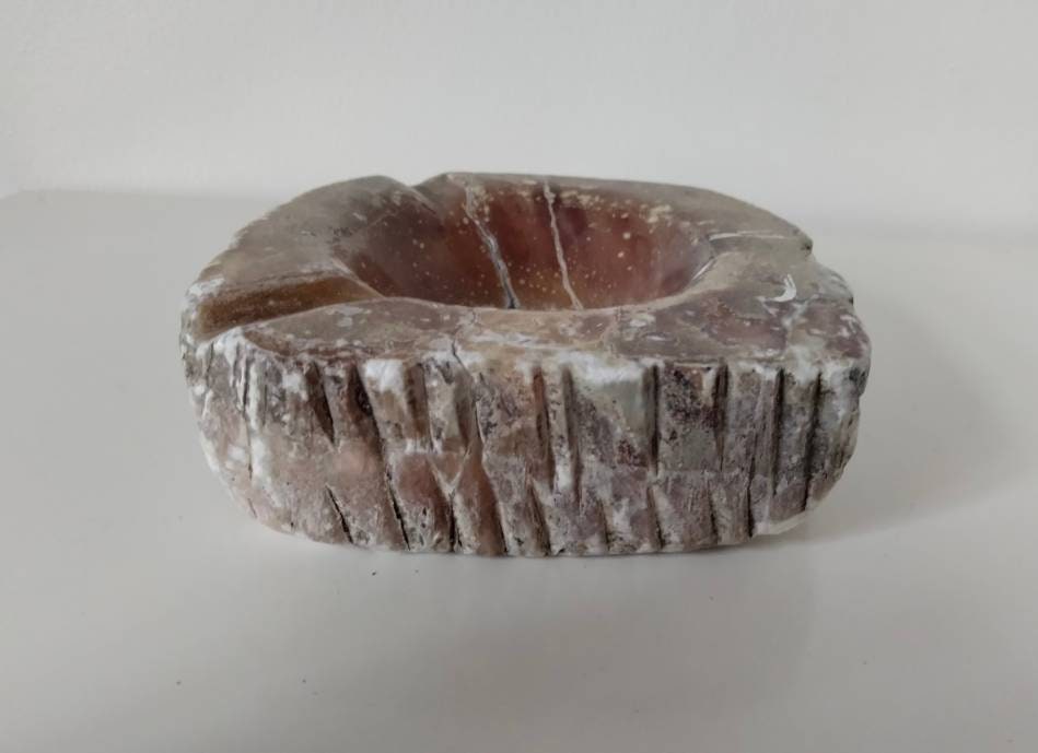 Vintage Mid Century heavy brown polished stone ashtray candle holder trinket dish