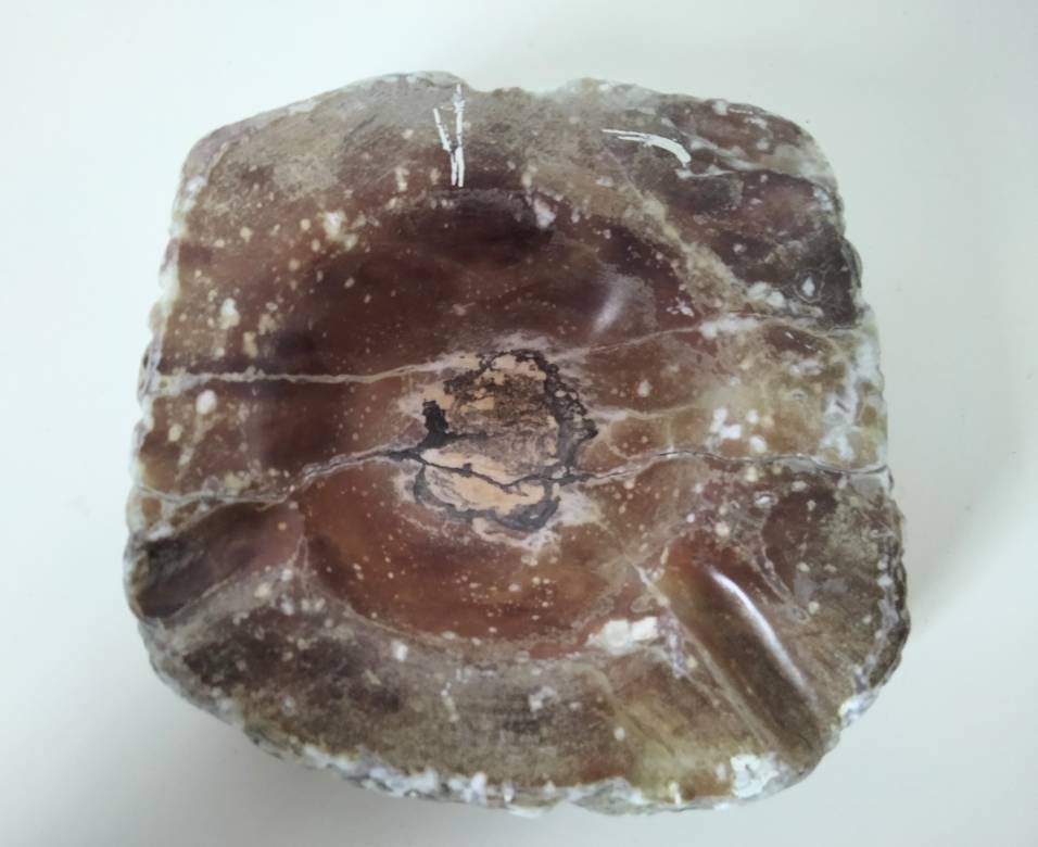 Vintage Mid Century heavy brown polished stone ashtray candle holder trinket dish