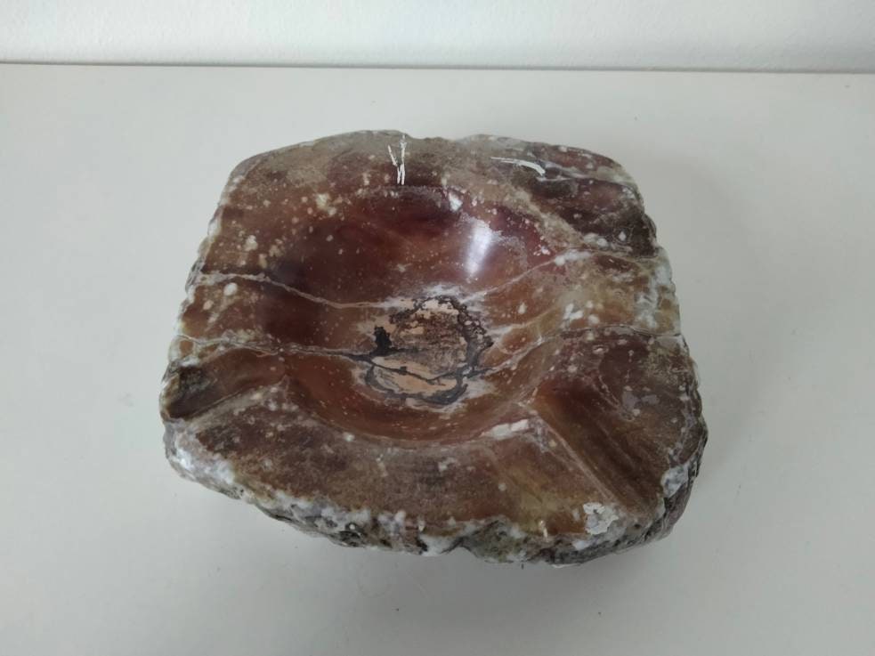 Vintage Mid Century heavy brown polished stone ashtray candle holder trinket dish