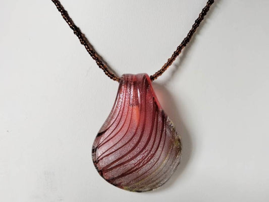 Hand made red and silver dichroic glass pendant necklace on brown bead chain