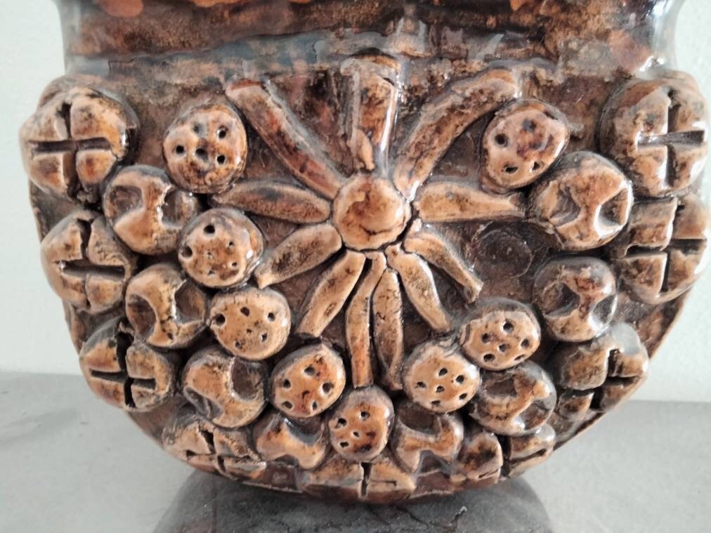1990s hand made primitive studio pottery brown textured vase