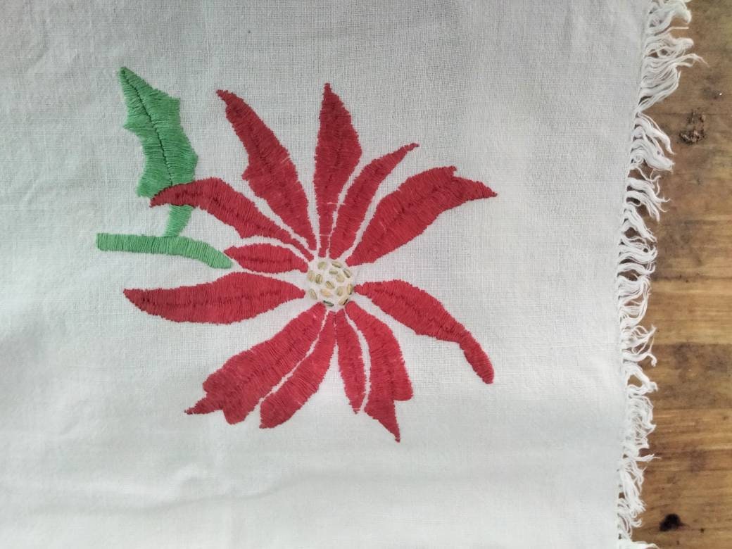Set of 4 mid century hand embroidered table mats with red Poinsettia flowers