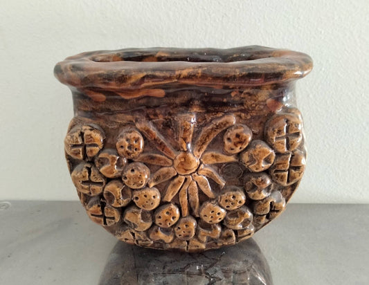 1990s hand made primitive studio pottery brown textured vase