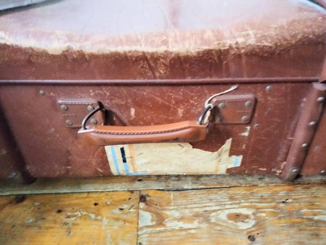 Vintage large brown leather look hard suitcase storage trunk luggage wood bands