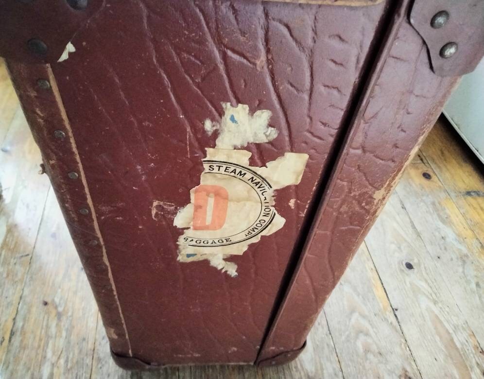 Vintage large brown leather look hard suitcase storage trunk luggage wood bands