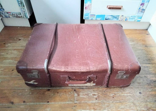 Vintage large brown leather look hard suitcase storage trunk luggage wood bands