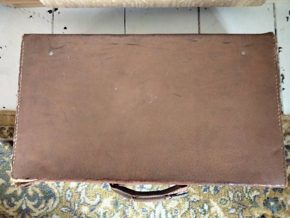 Mid century tan brown real leather small suitcase 18"