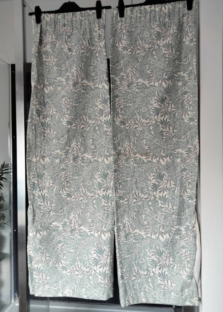 1980s Habitat V&A Conran Madura fabric green and white arts and crafts style floral pattern curtains 51"