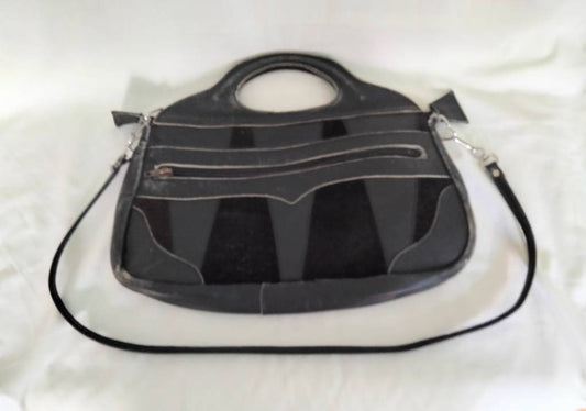 1980s navy blue real leather & suede shoulder or top handle handbag