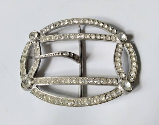 Antique Edwardian silvertone & clear rhinestone geometric belt buckle