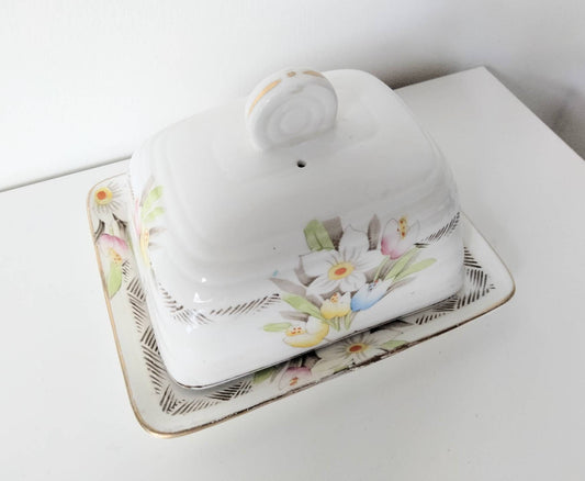 Art deco hand painted spring bulb flower design cheese or butter lidded dish