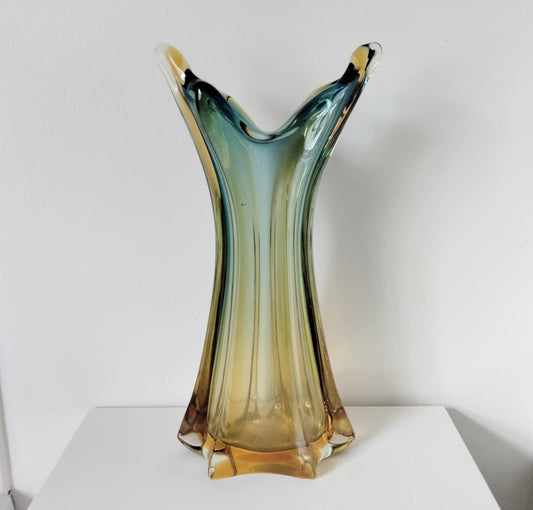 Chribska Bohemian Amber & Blue Large Cased Glass Vase