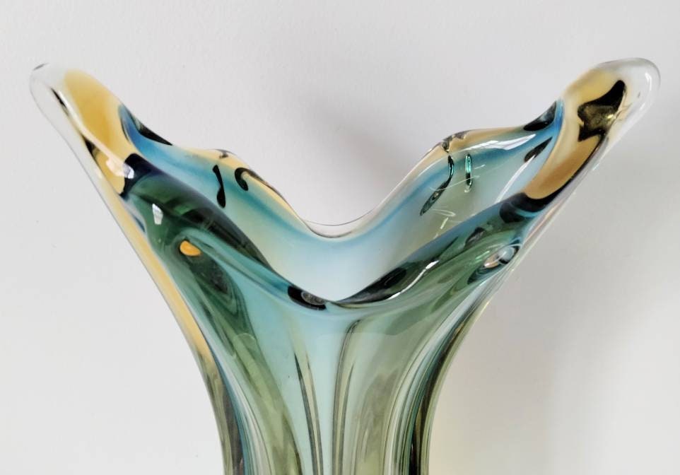 Chribska Bohemian Amber & Blue Large Cased Glass Vase
