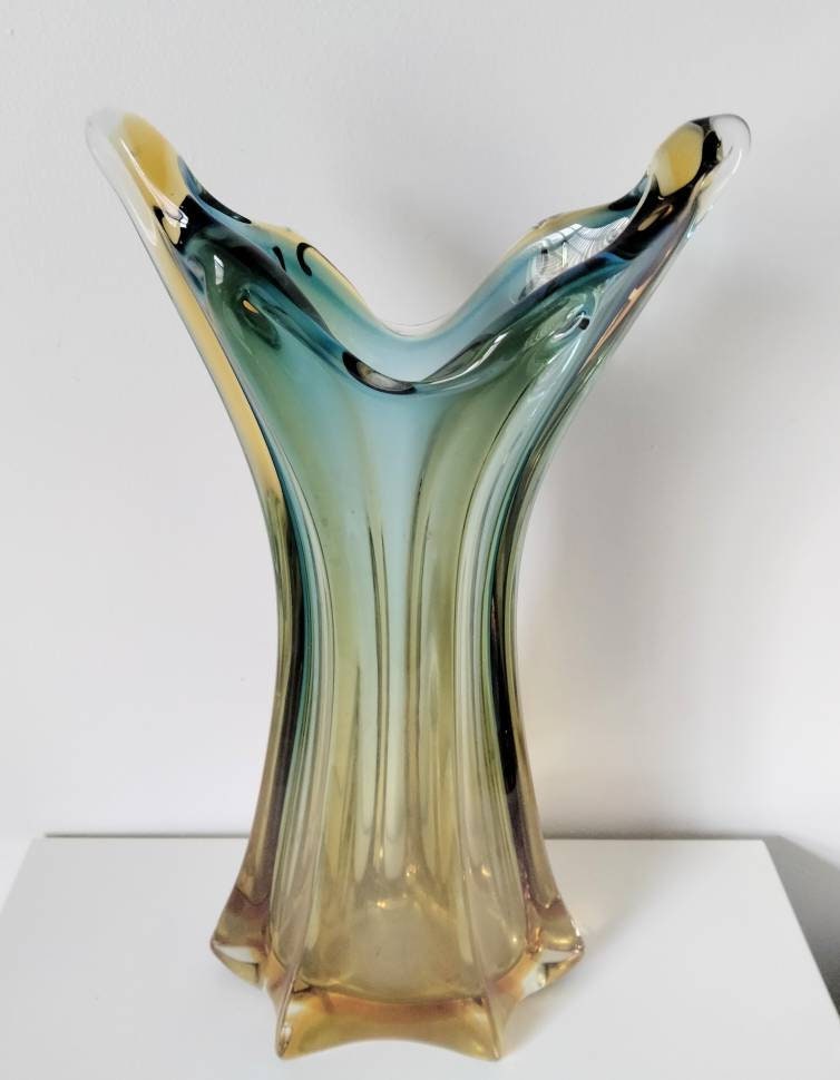 Chribska Bohemian Amber & Blue Large Cased Glass Vase