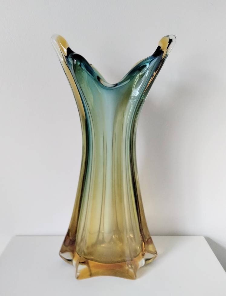 Chribska Bohemian Amber & Blue Large Cased Glass Vase