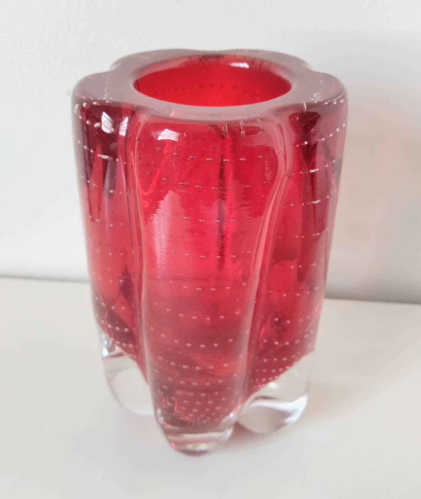 Mid Century Whitefriars Ruby Red Glass Controlled Bubble Lobed Vase