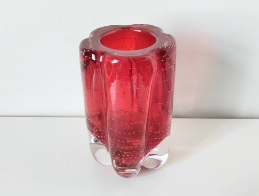 Mid Century Whitefriars Ruby Red Glass Controlled Bubble Lobed Vase