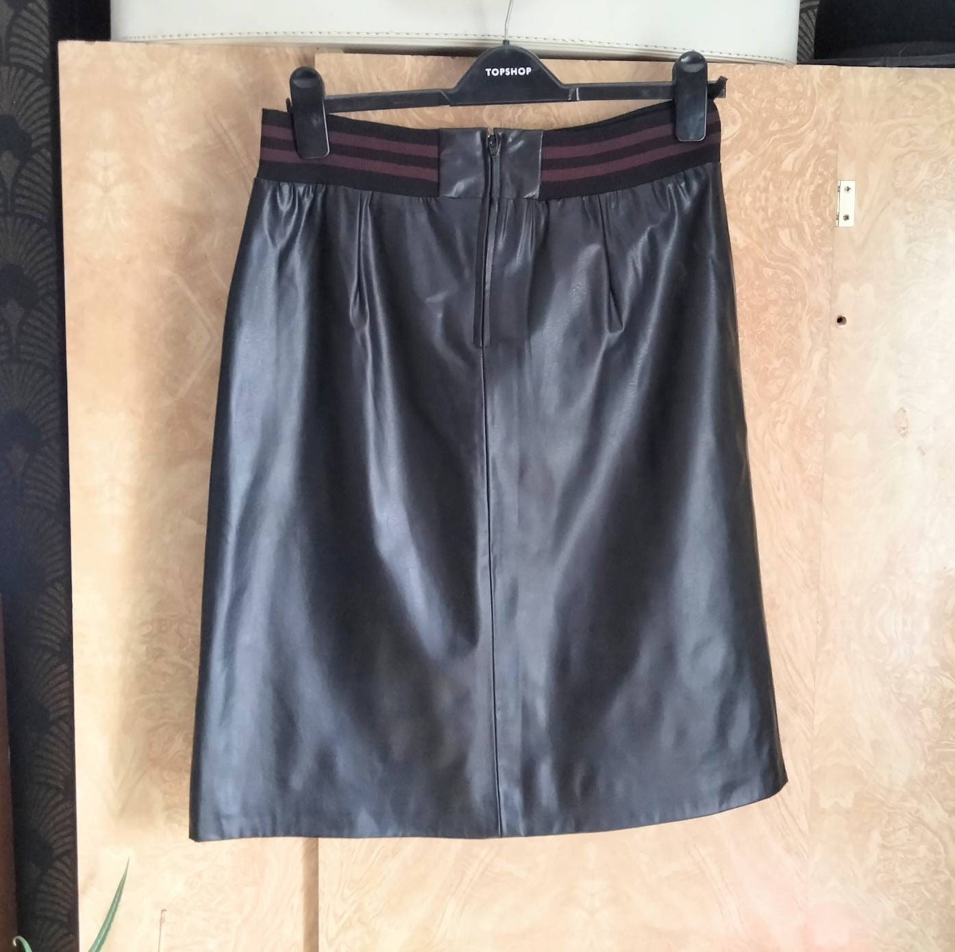 1990s Talc Britpop style black PVC leather effect A line knee skirt 14