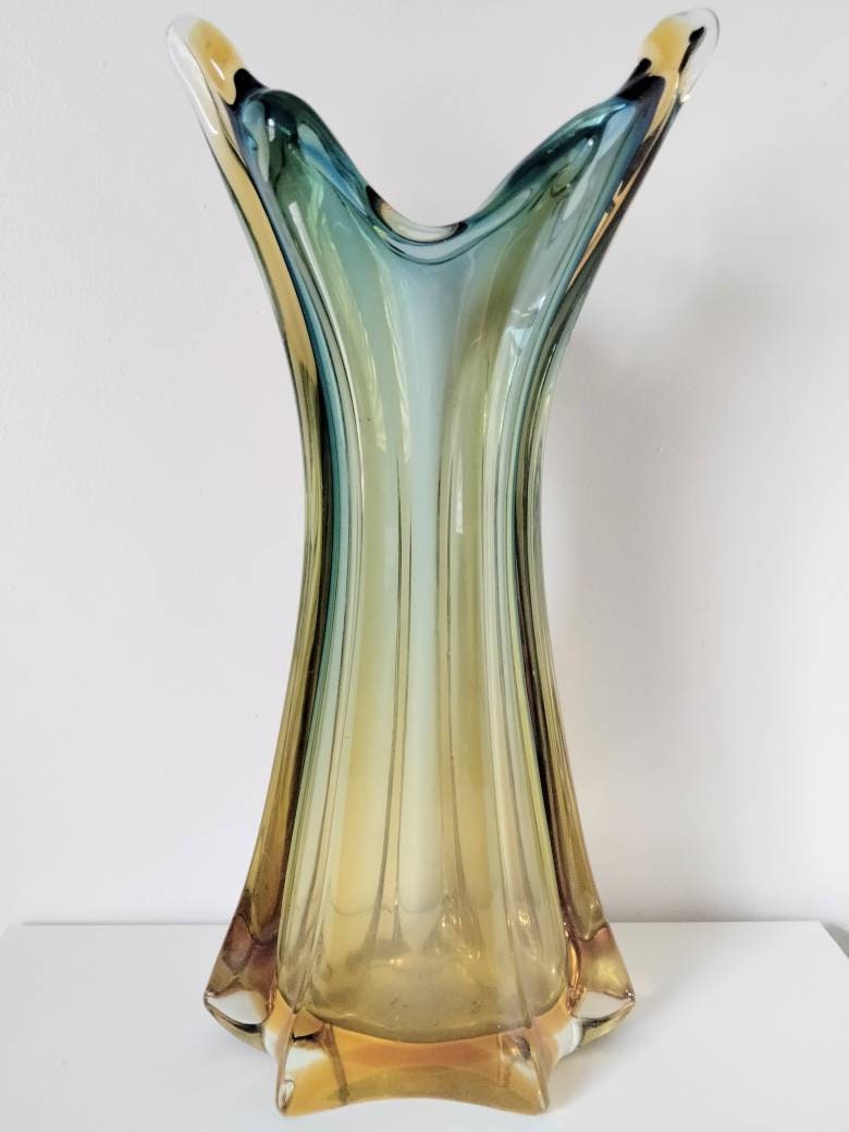 Chribska Bohemian Amber & Blue Large Cased Glass Vase