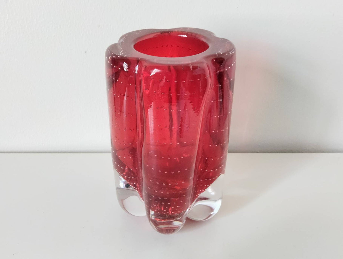 Mid Century Whitefriars Ruby Red Glass Controlled Bubble Lobed Vase