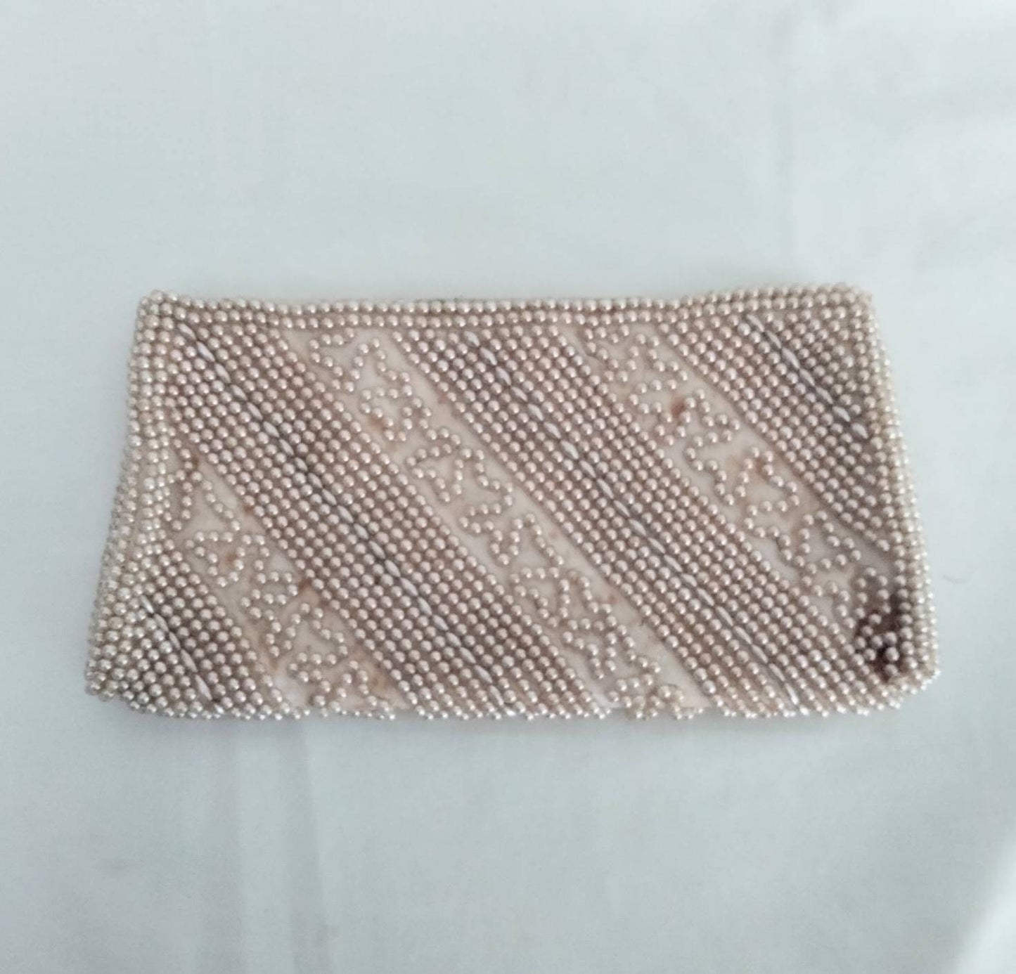 Vintage Miss Universe white cream satin glass pearl covered evening clutch bag