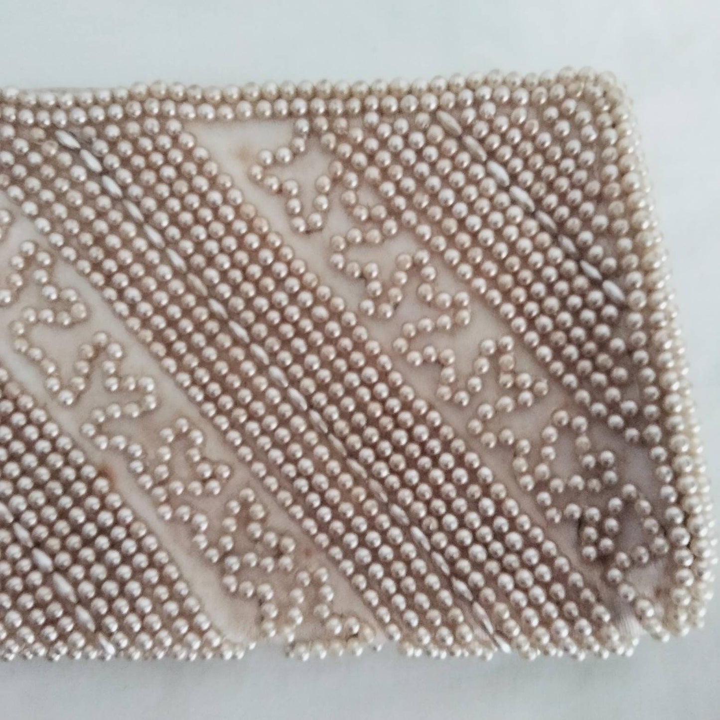 Vintage Miss Universe white cream satin glass pearl covered evening clutch bag