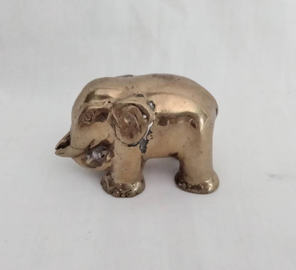 1970s gold brass small elephant statue paperweight 2.5"