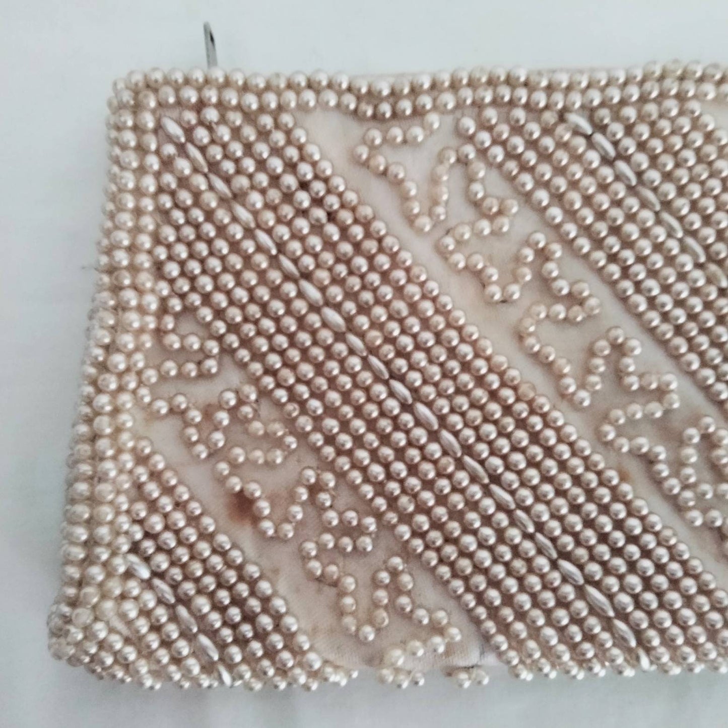 Vintage Miss Universe white cream satin glass pearl covered evening clutch bag