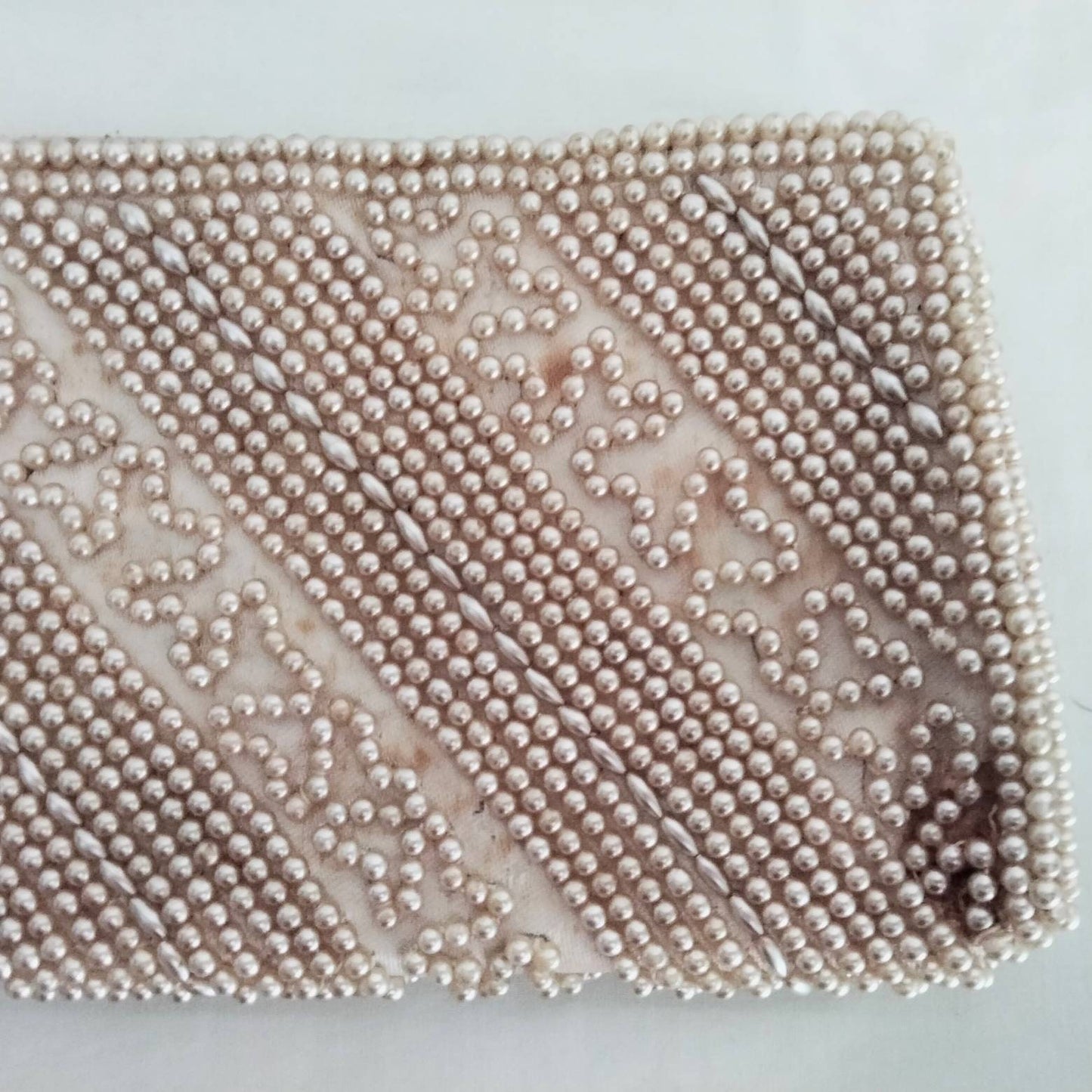 Vintage Miss Universe white cream satin glass pearl covered evening clutch bag