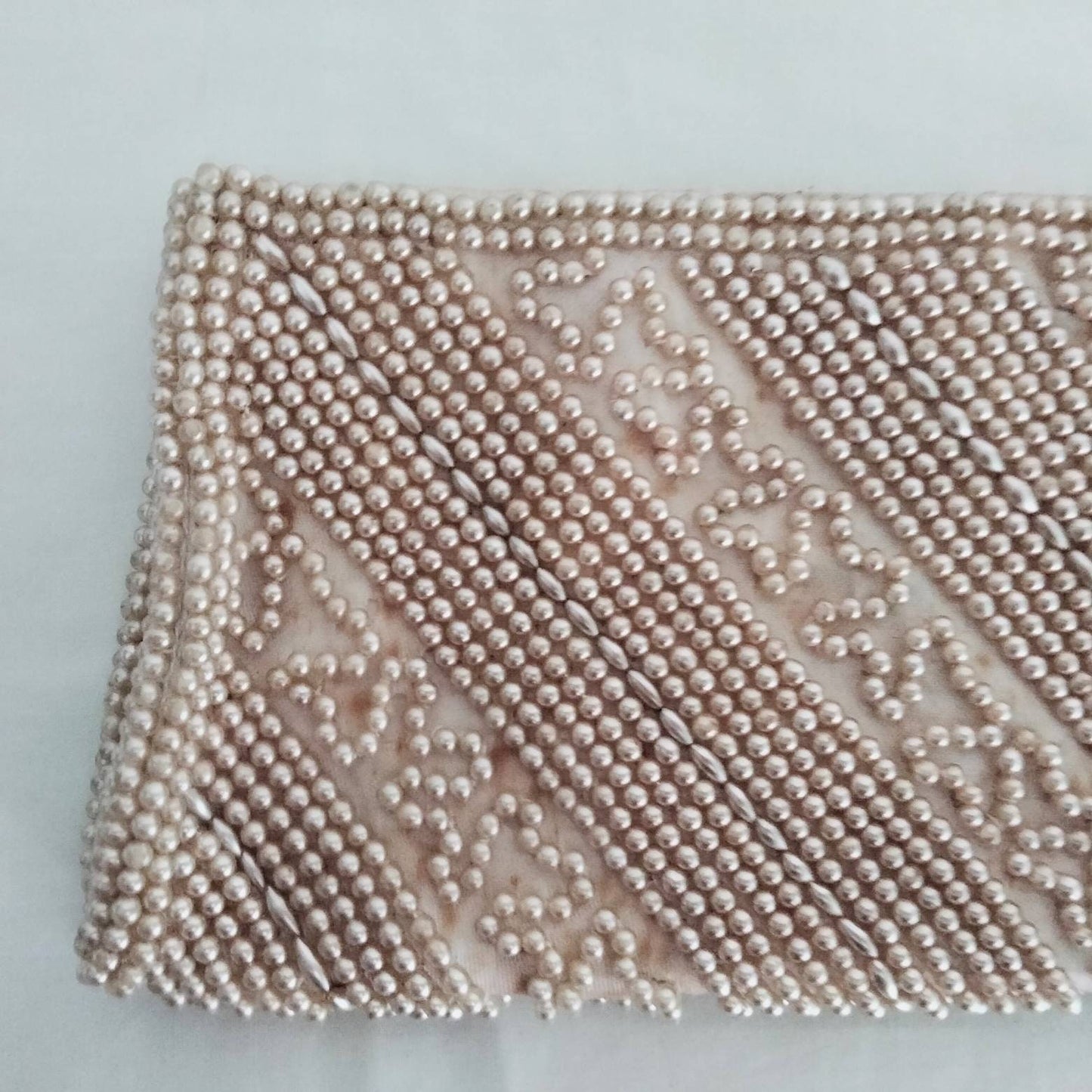 Vintage Miss Universe white cream satin glass pearl covered evening clutch bag