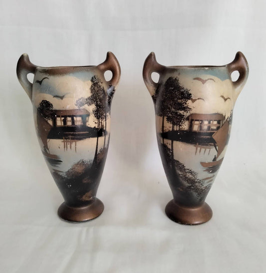 Pair of art deco Japanese hand painted vases with ship design