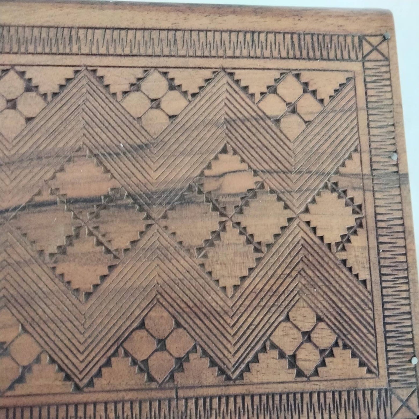 Hand carved geometric pattern wooden trinket box 10.5"
