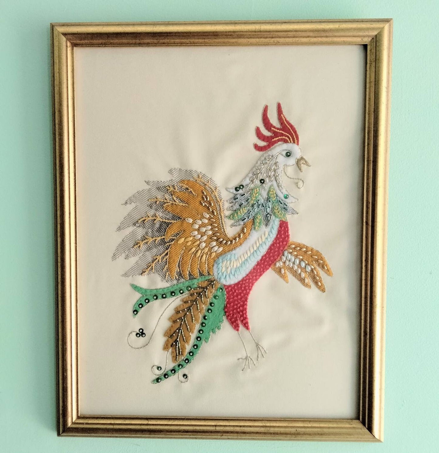 Vintage textile art 'Dandycock' by Pat Fernandes, applique & embroidery cockerel