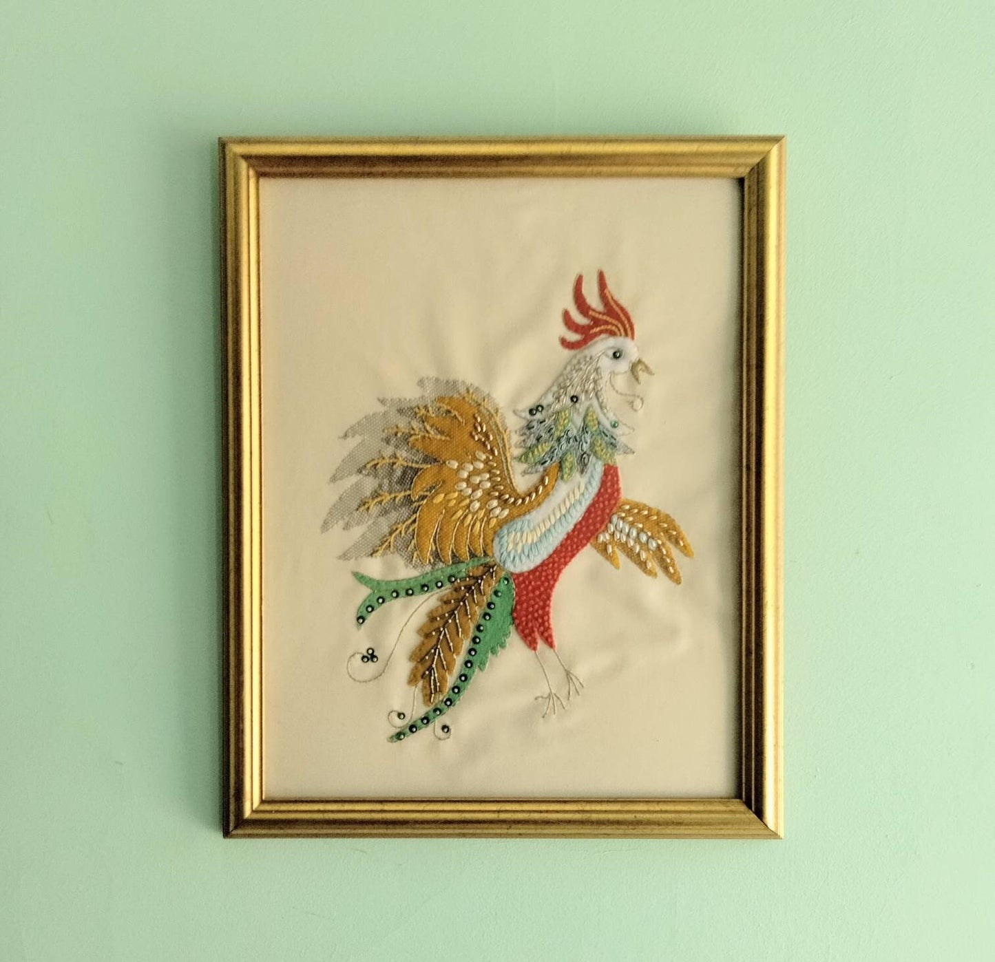 Vintage textile art 'Dandycock' by Pat Fernandes, applique & embroidery cockerel