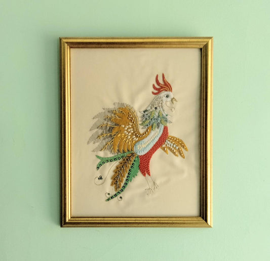 Vintage textile art 'Dandycock' by Pat Fernandes, applique & embroidery cockerel