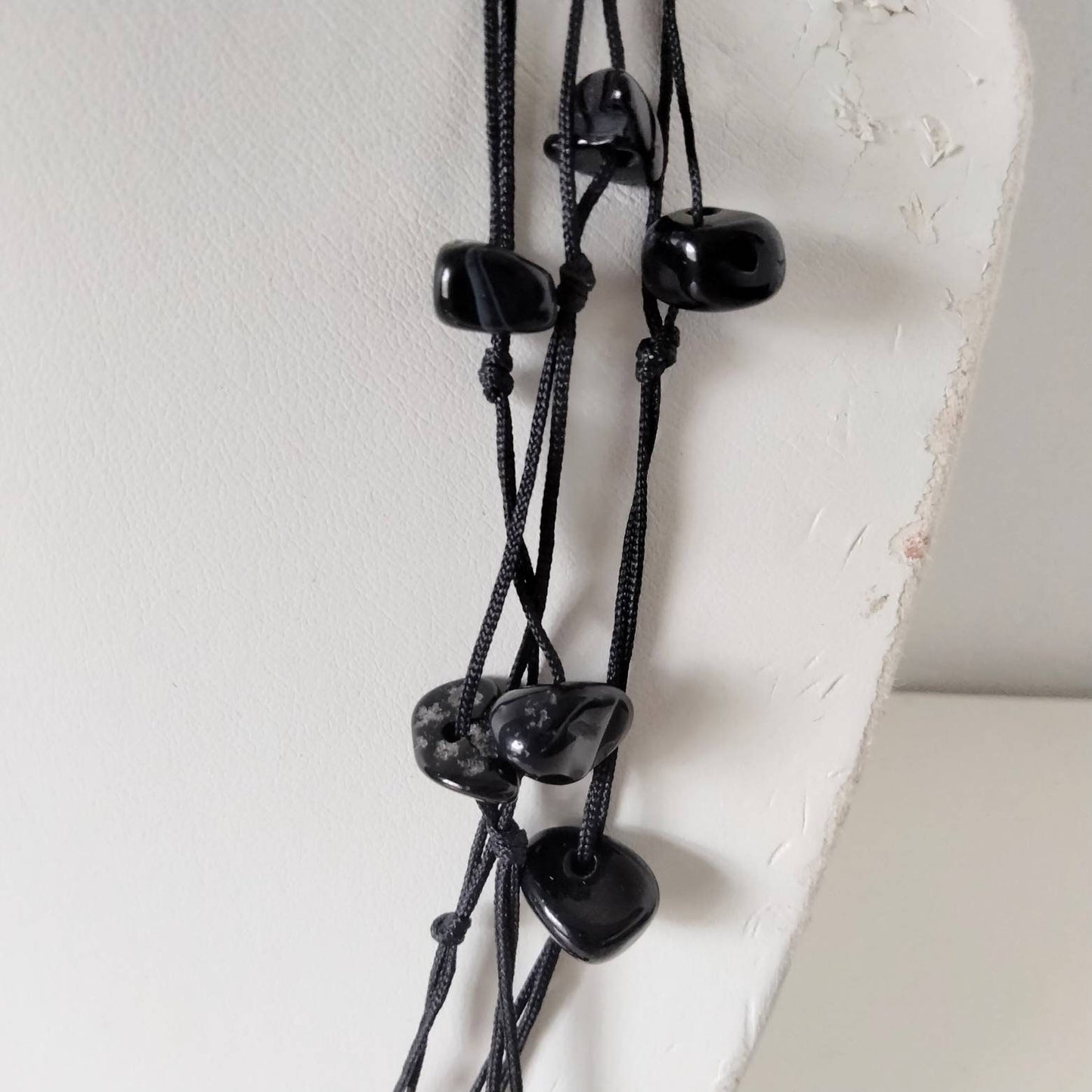 Multi stranded black agate stone chip bead necklace