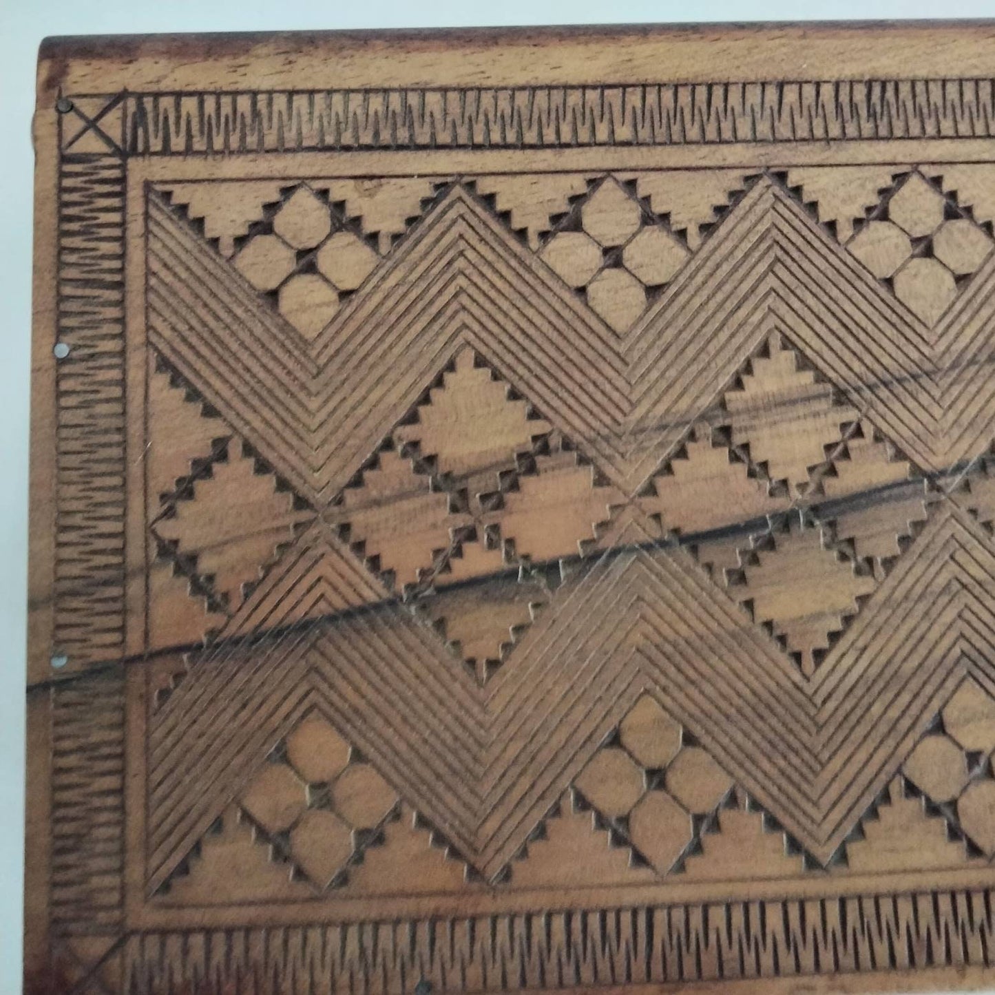Hand carved geometric pattern wooden trinket box 10.5"