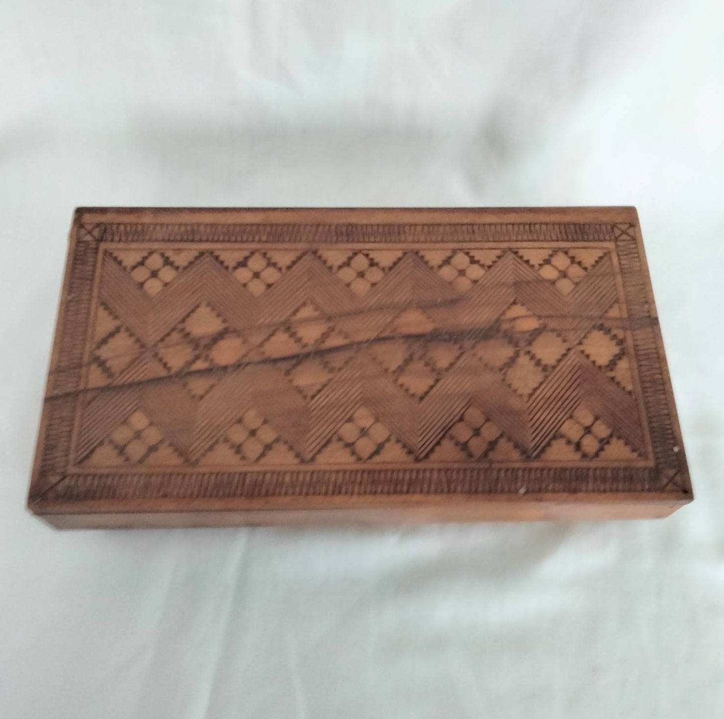 Hand carved geometric pattern wooden trinket box 10.5"