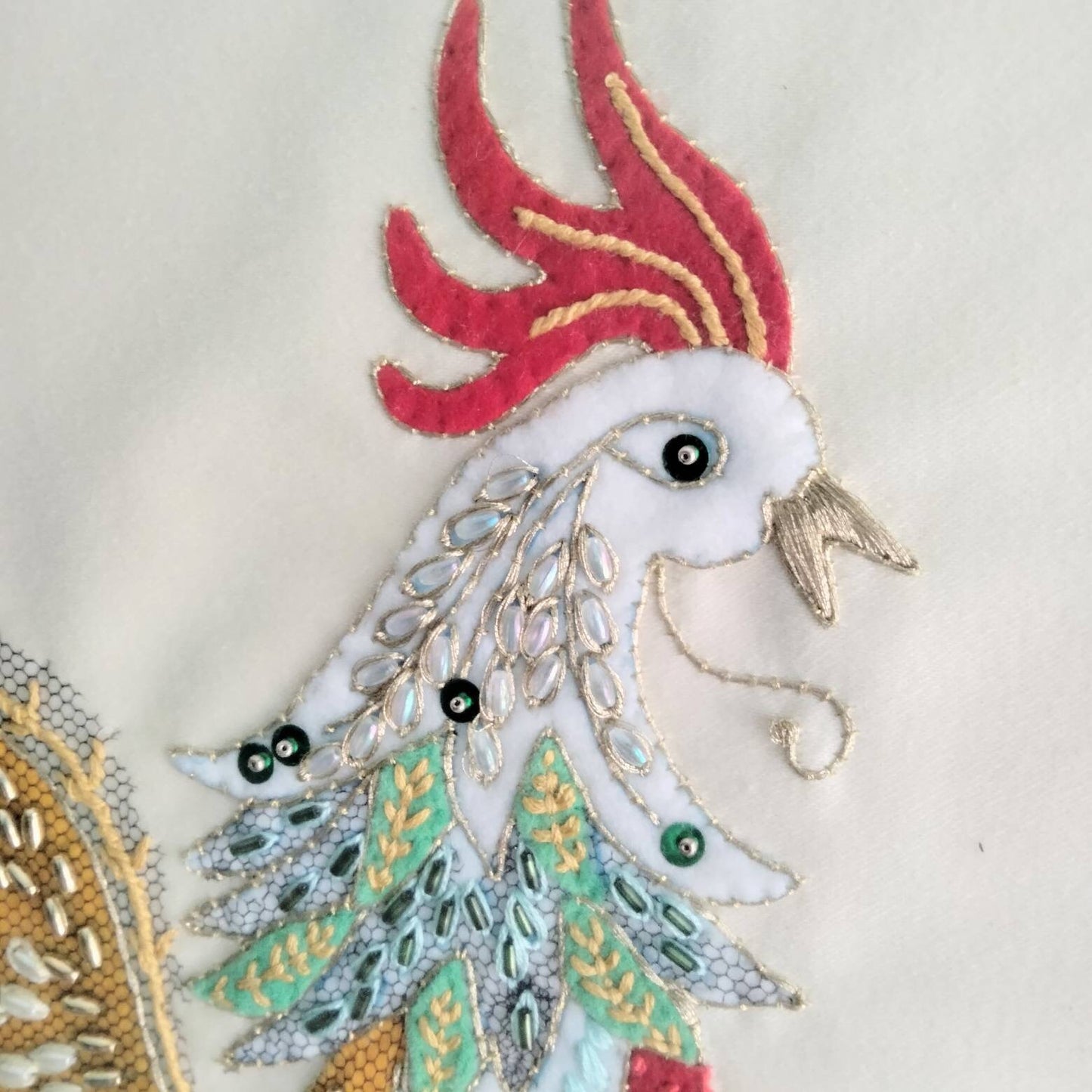 Vintage textile art 'Dandycock' by Pat Fernandes, applique & embroidery cockerel