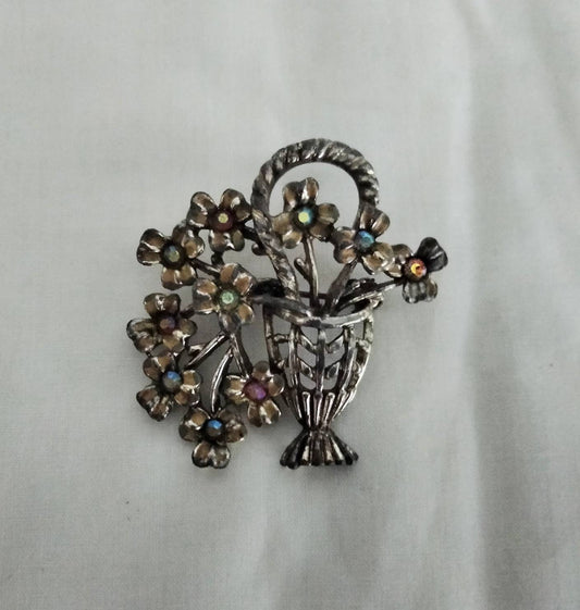 1950s goldtone enamel & aurora borealis rhinestone flower basket brooch