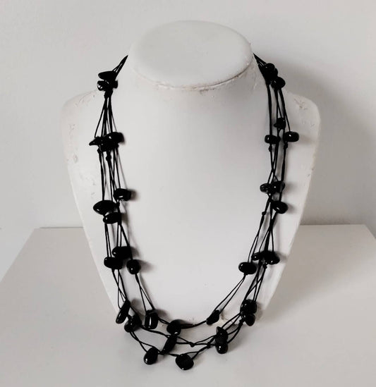 Multi stranded black agate stone chip bead necklace