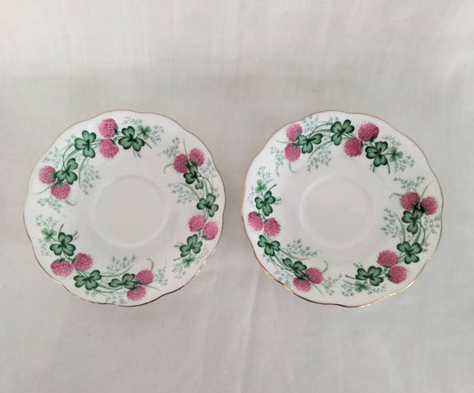 Two 1950s Royal Albert Bone China Lucky Clover Saucers With Pink & Green Pattern