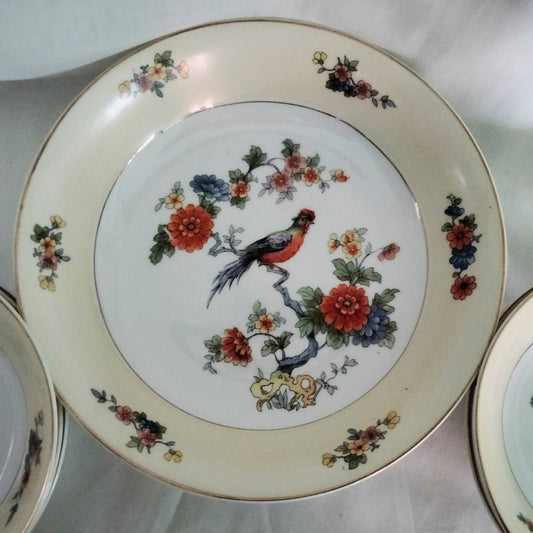 Mid century red & yellow bird & flower design dessert bowl set
