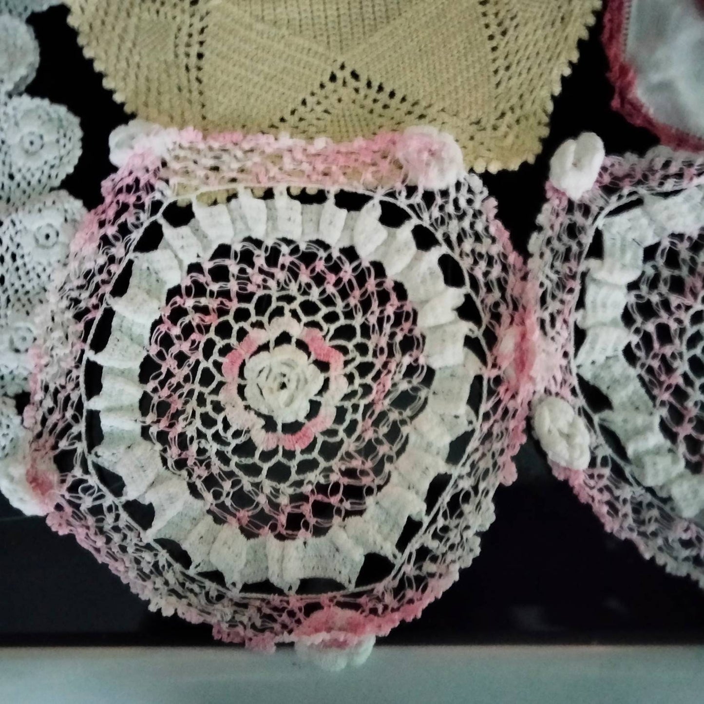 Lot of 8 vintage hand made crochet & lace cloths, mats & doilies pink yellow
