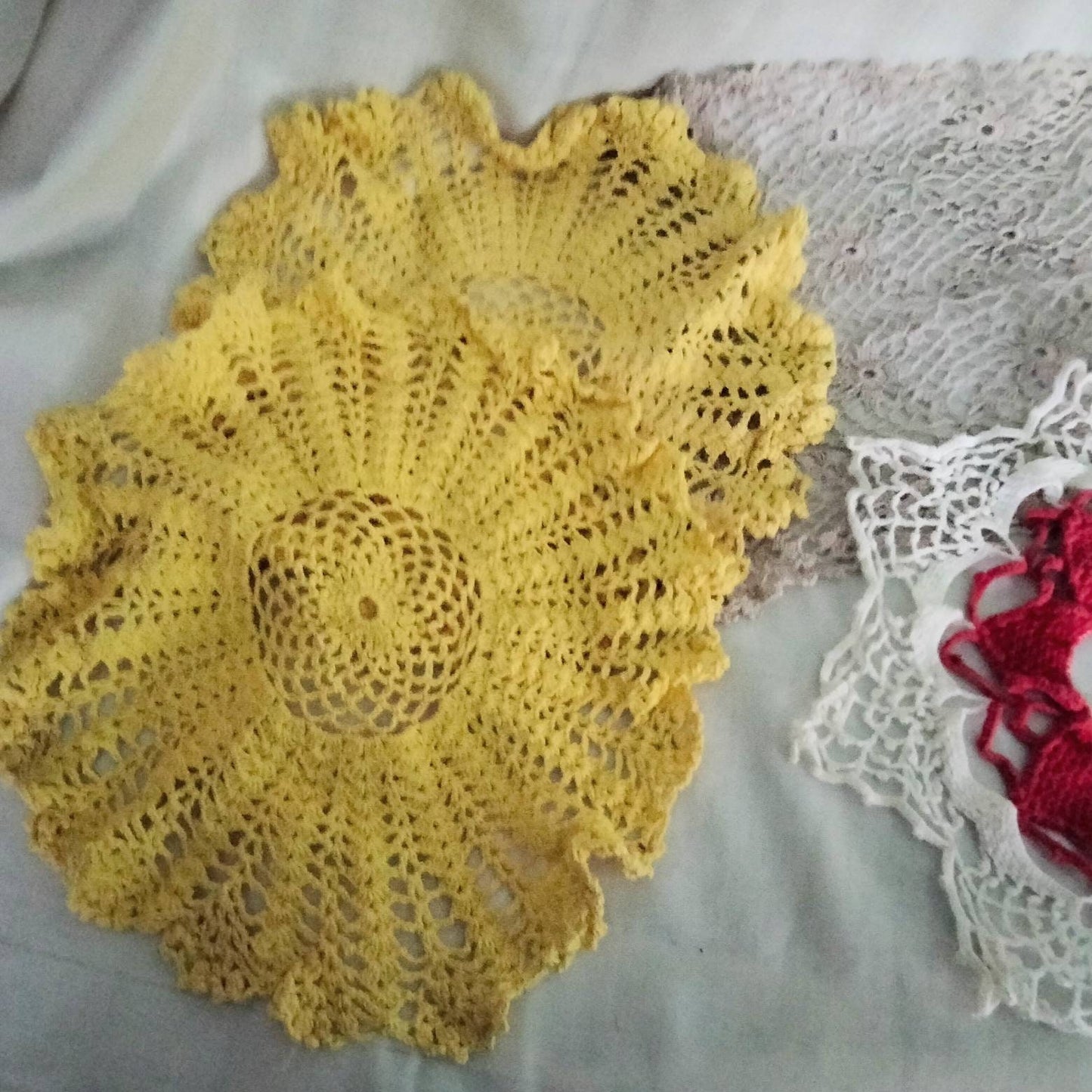 Lot of 6 mid century hand made crochet doilies red yellow white