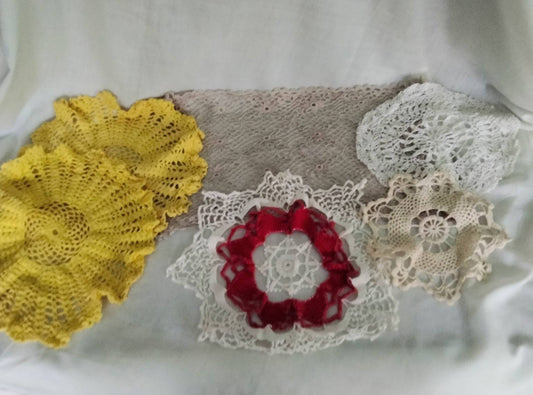 Lot of 6 mid century hand made crochet doilies red yellow white