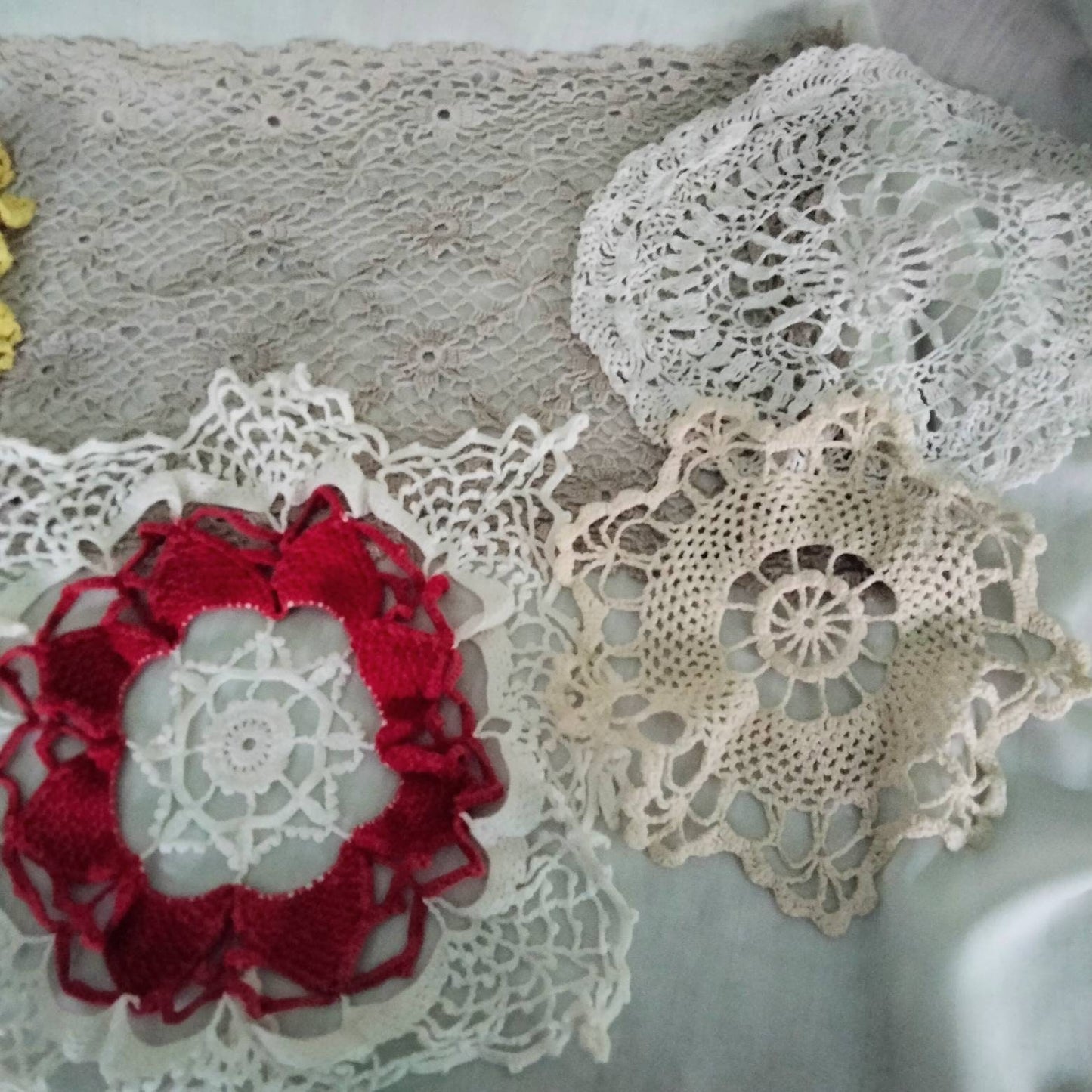 Lot of 6 mid century hand made crochet doilies red yellow white